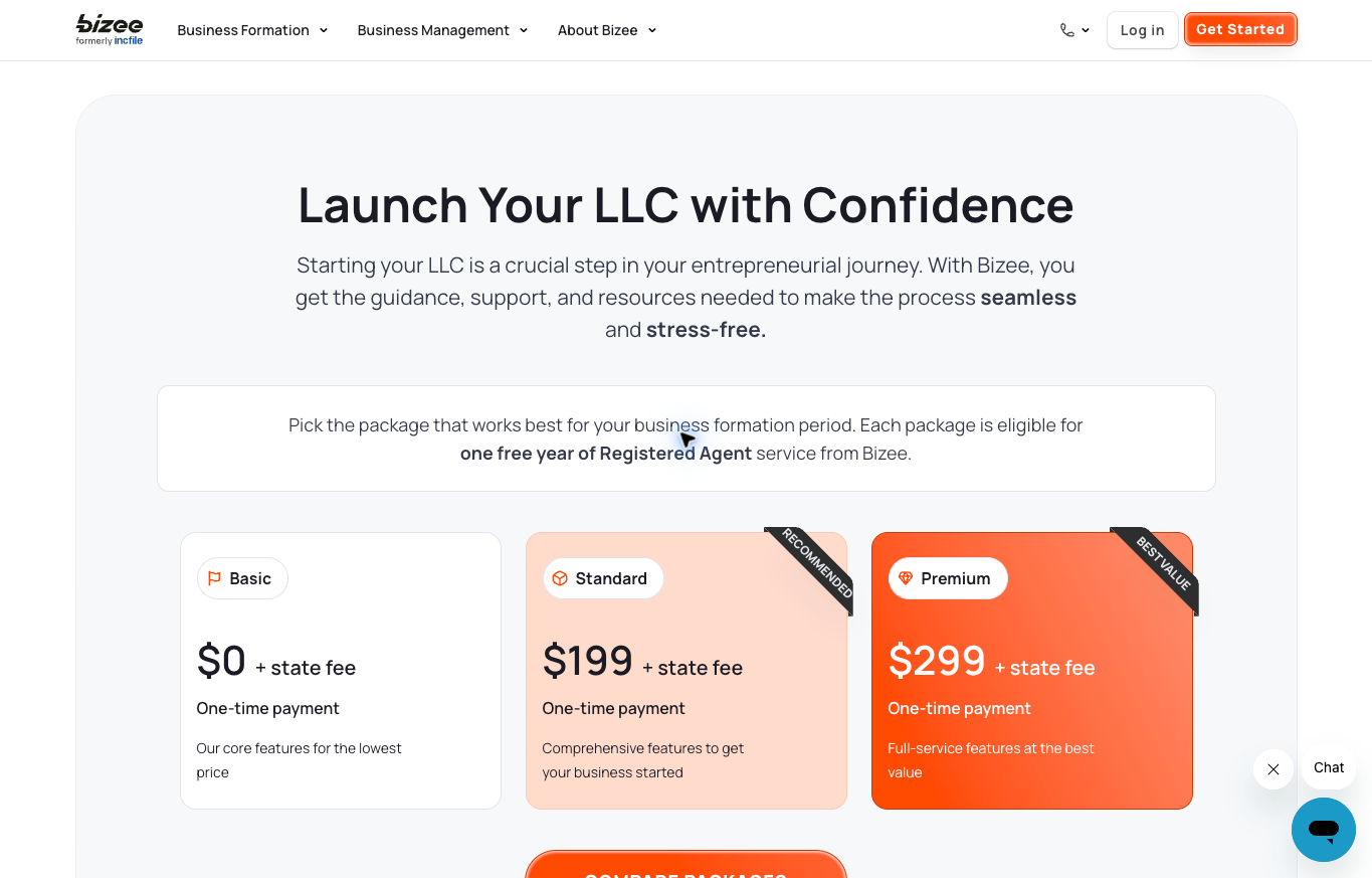 Bizee public Basic, Standard and Premium prices plus state fees