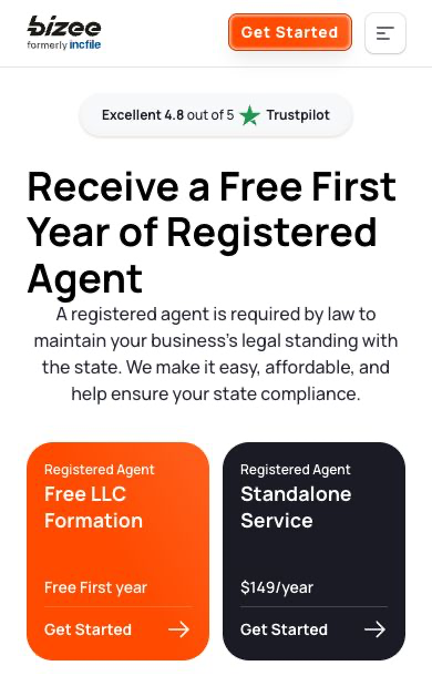 Bizee official mobile page comparing formation's free first year with $149 yearly standalone registered-agent service