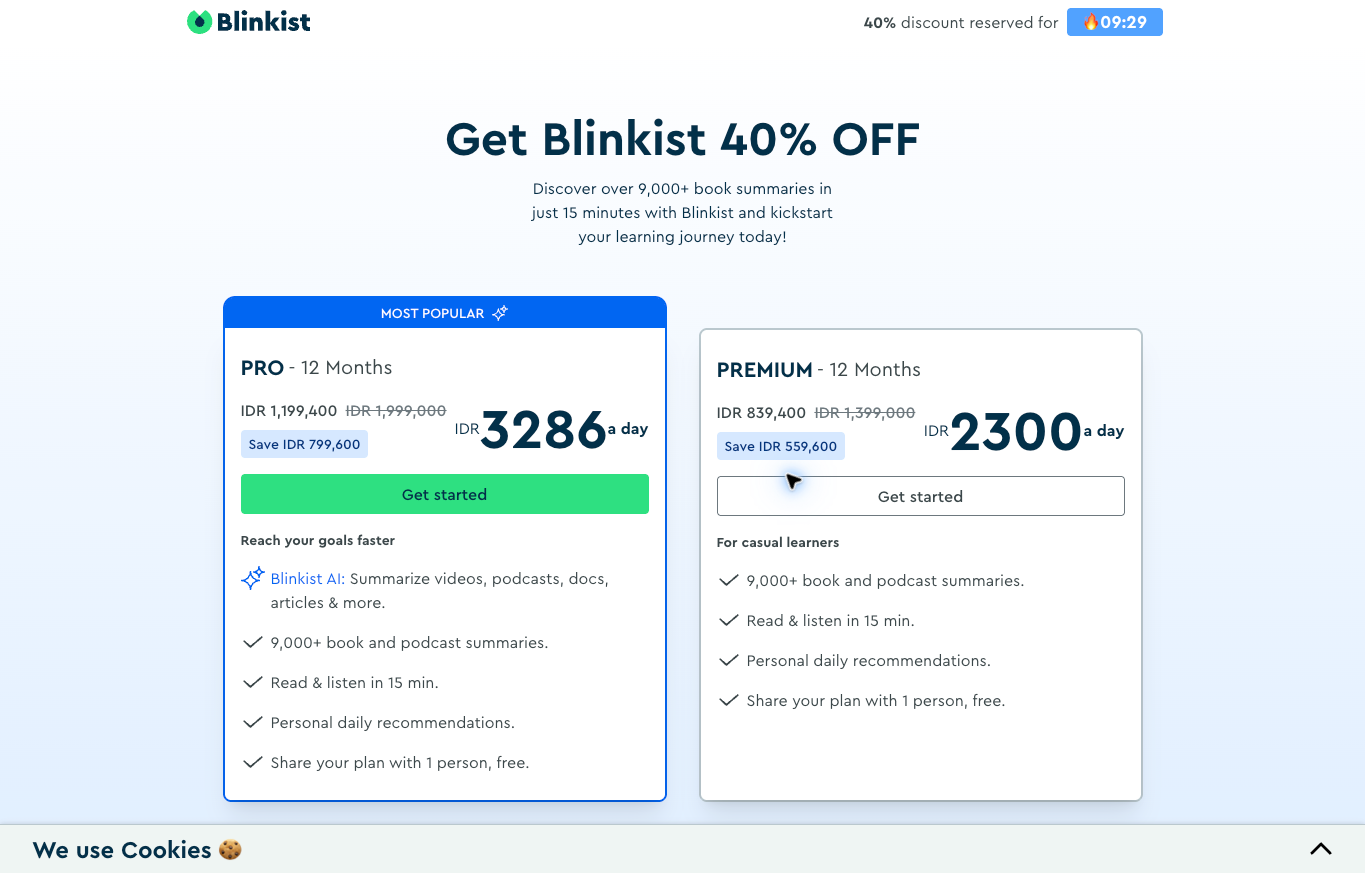 Blinkist Pro and Premium twelve-month introductory offers displayed in Indonesian rupiah
