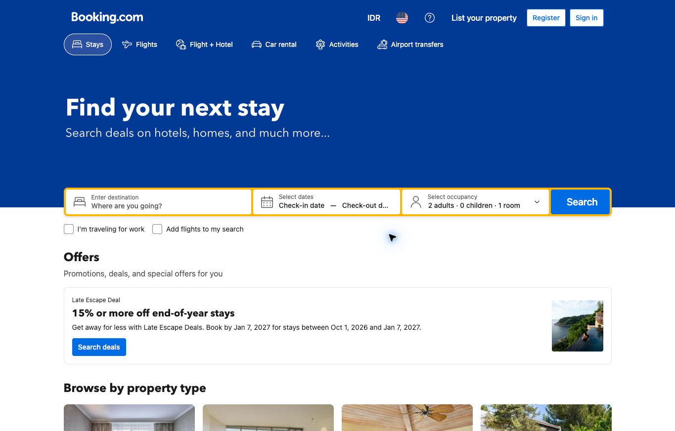 Booking.com public stays search interface with empty destination and date fields.