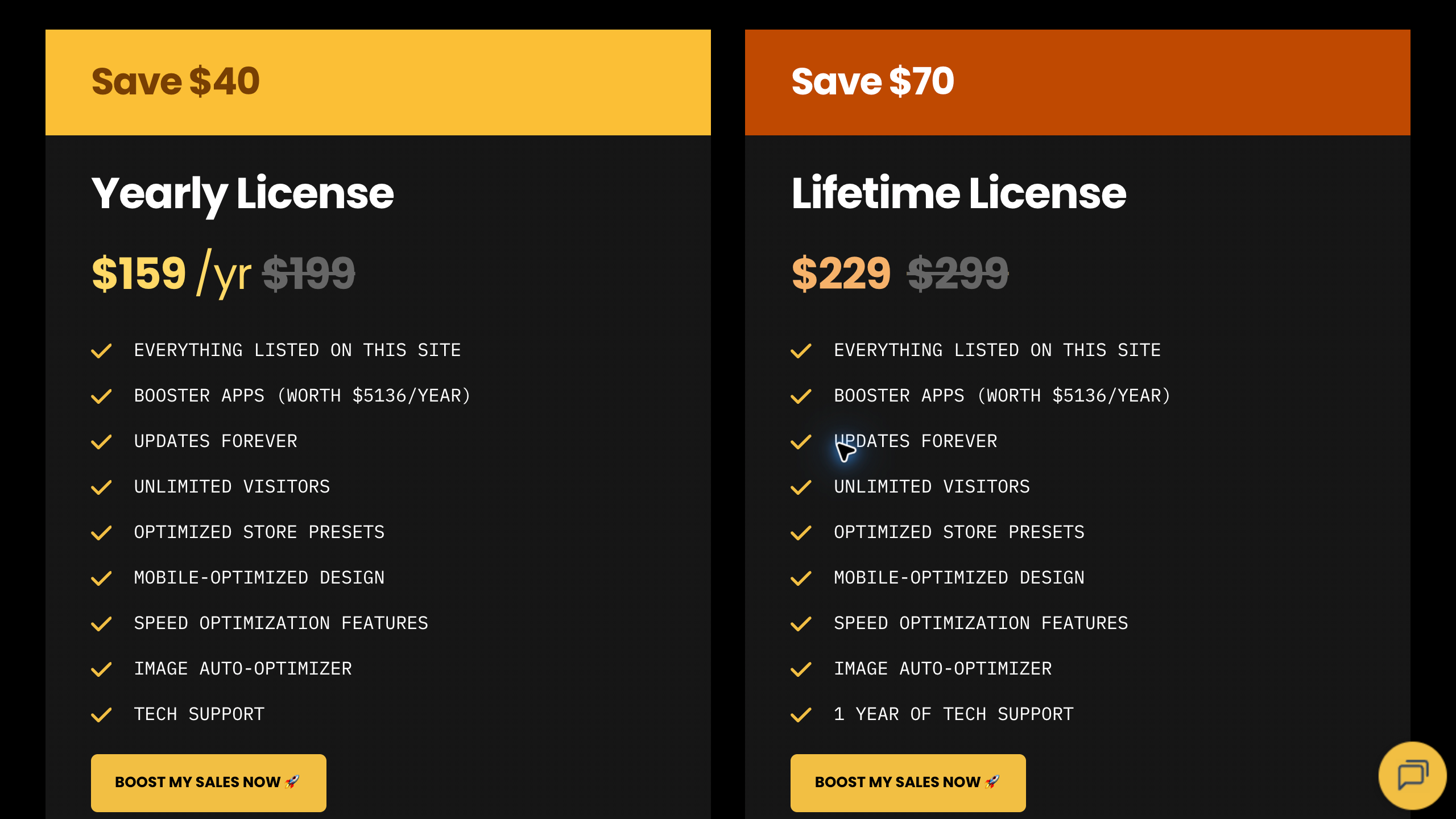 Booster theme pricing page comparing yearly and lifetime license offers and technical support terms