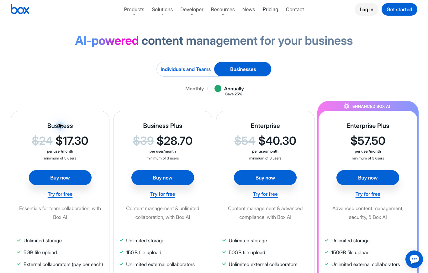 Box Business and Business Plus selected annual plans with three-user minimums and file-upload limits