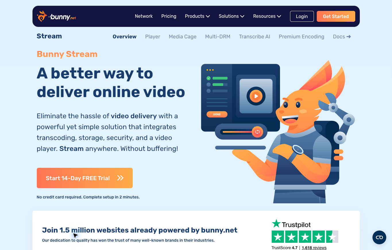 Bunny Stream public page introducing video storage, transcoding and delivery