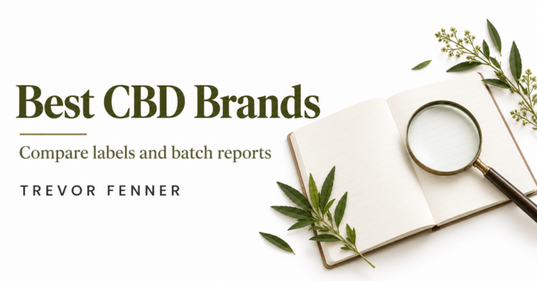 Trevor Fenner CBD research cover with a notebook and magnifying glass on white