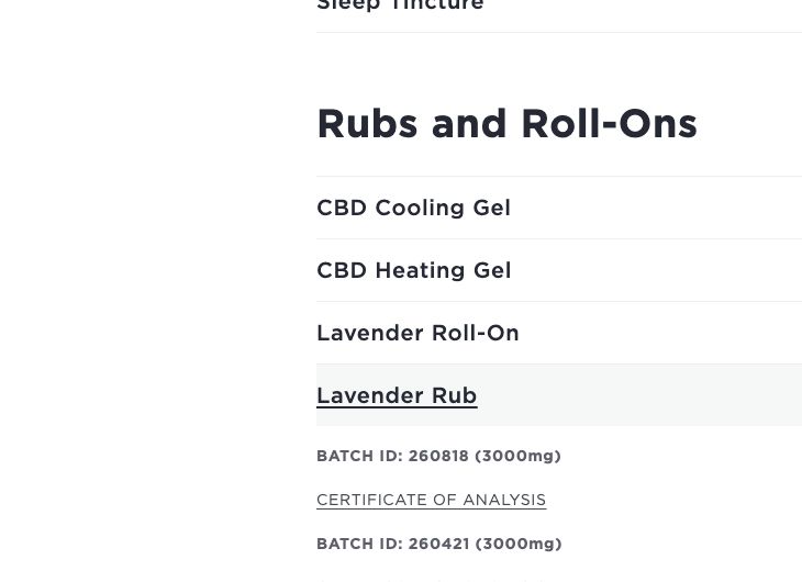 CBD For Life testing index showing Lavender Rub batch 260818, 3000mg, and certificate links