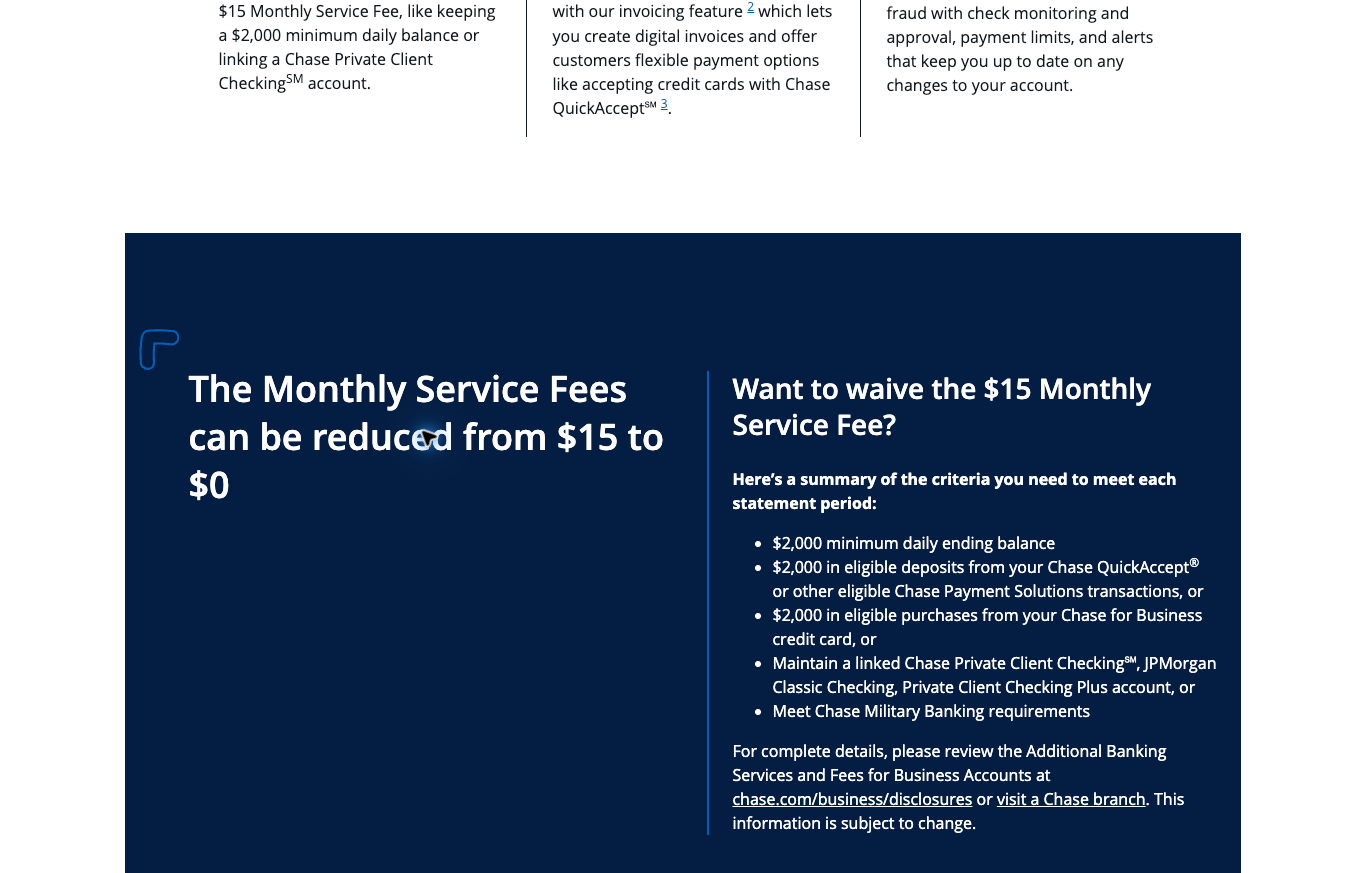 Chase Business Complete public checking page showing the monthly fee and conditional waiver criteria.