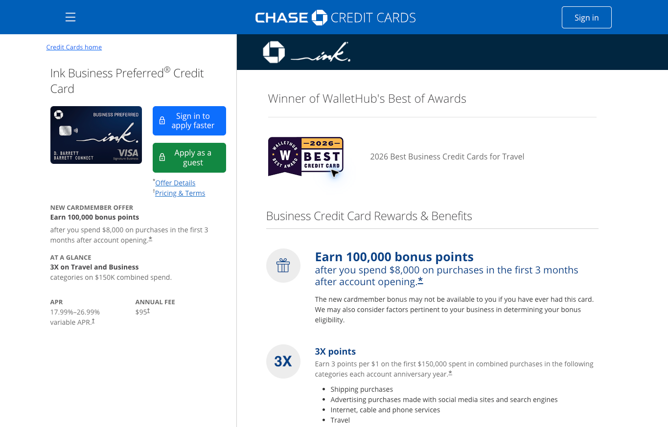 Chase Ink Business Preferred public page showing annual fee, variable APR and category points.