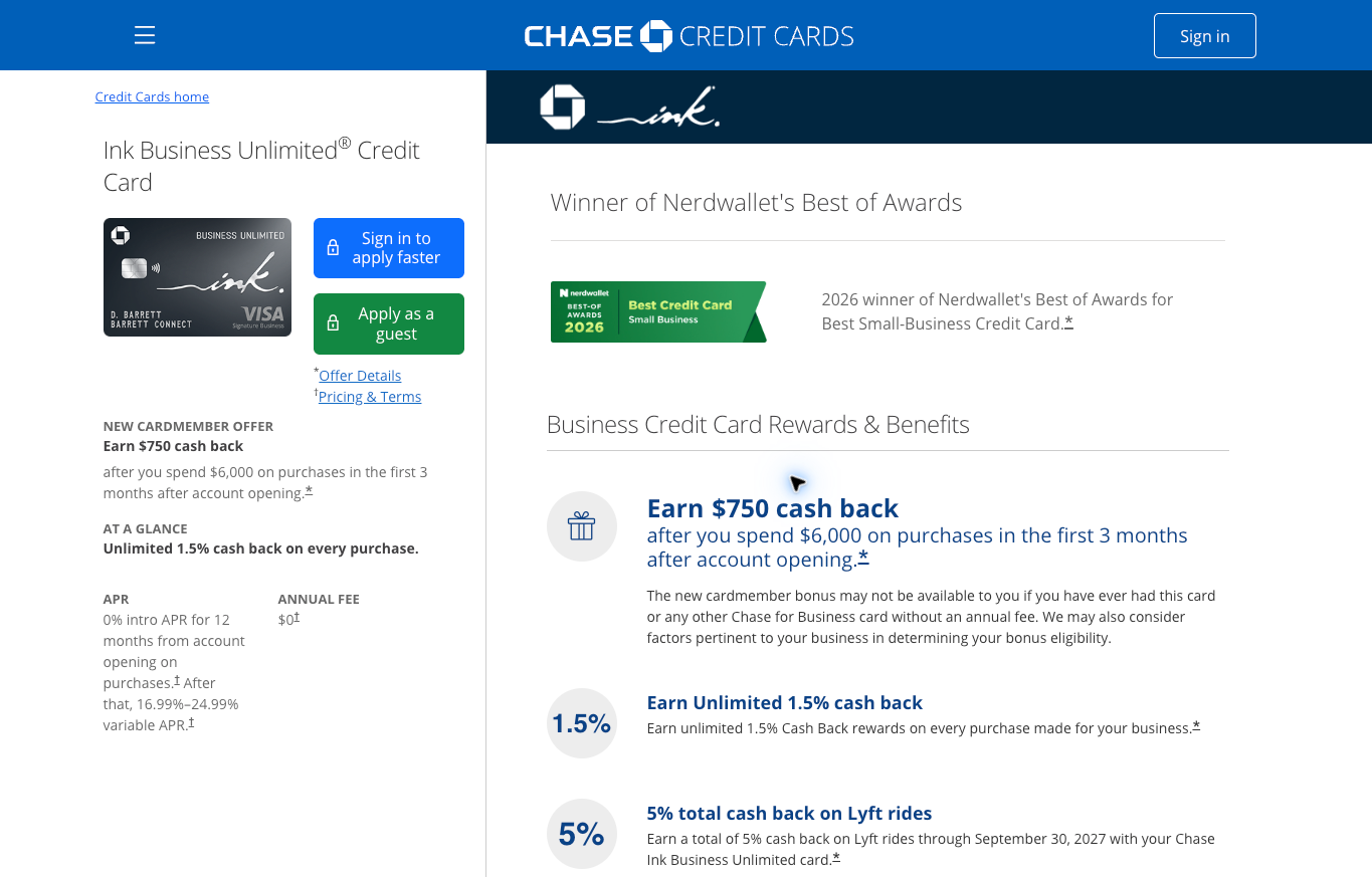 Chase Ink Business Unlimited public page showing card identity, cashback and current rate and fee information.