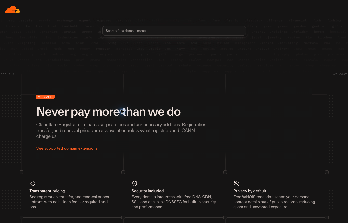 Cloudflare Registrar public page describing at-cost domain pricing and WHOIS redaction