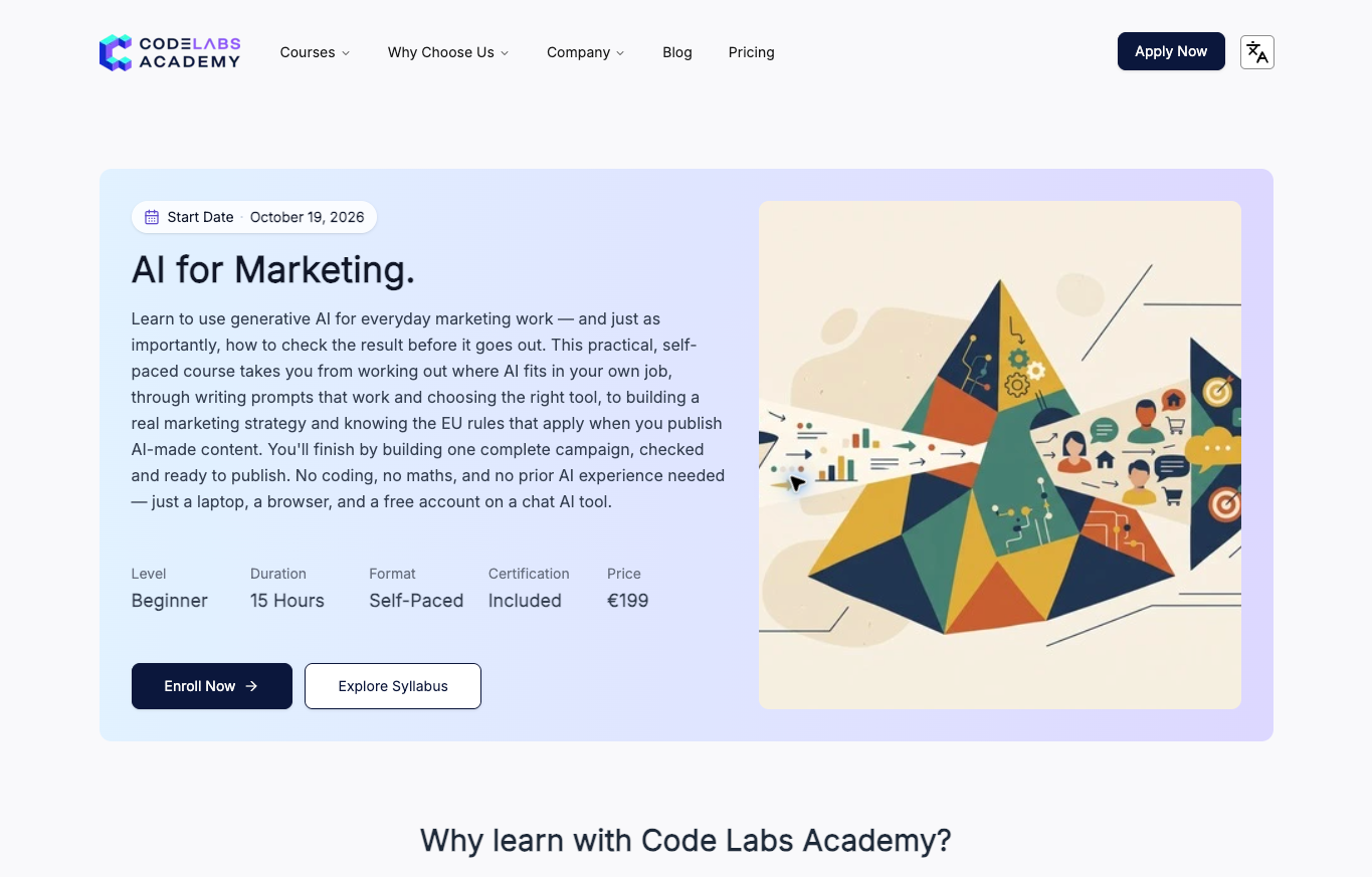 Code Labs Academy AI for Marketing course page showing beginner self-paced format