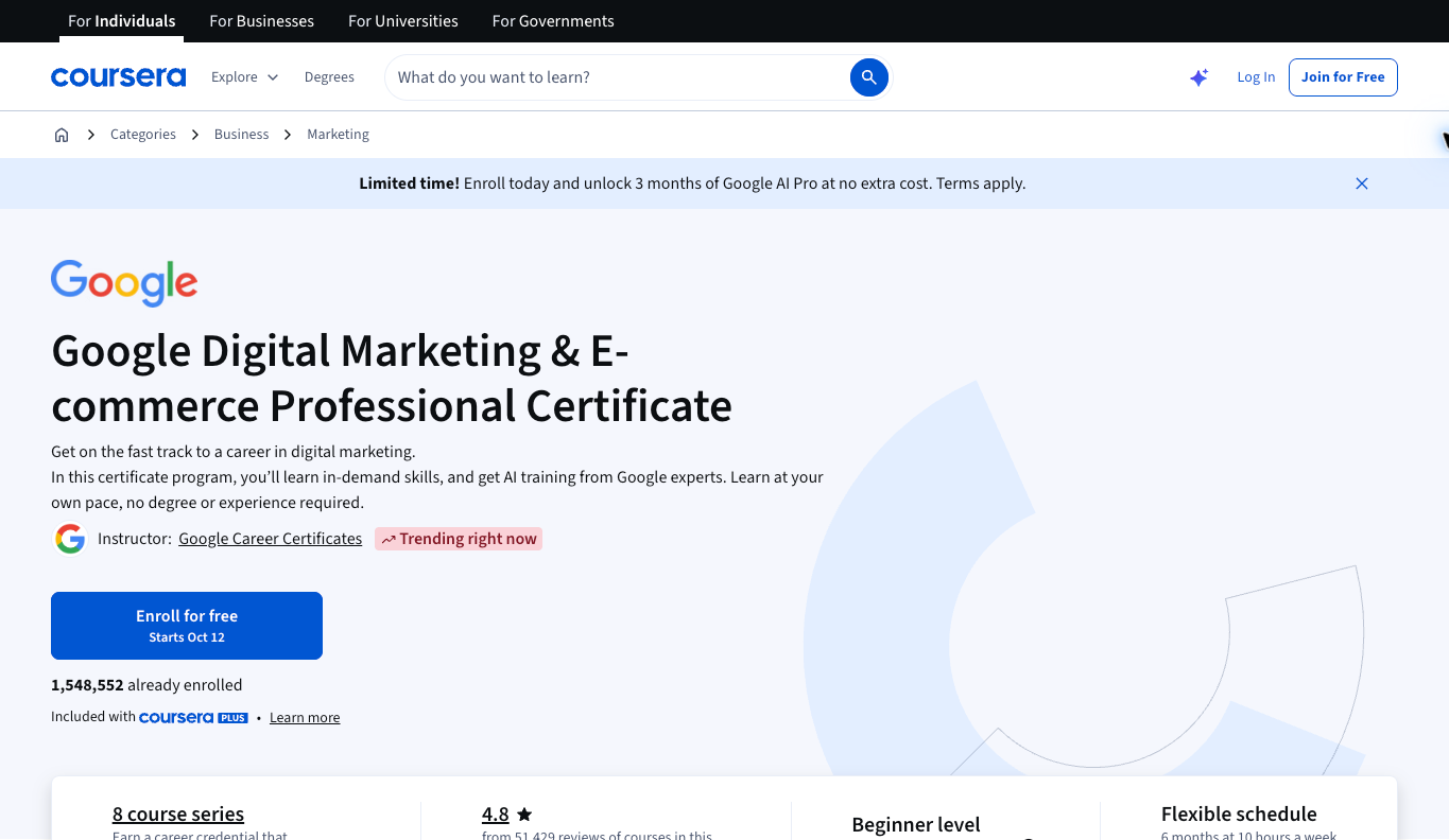 Coursera public page for Google's Digital Marketing and Ecommerce Professional Certificate