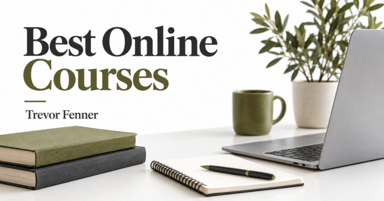Best Online Courses by Trevor Fenner with a laptop, books and notebook on a white background.