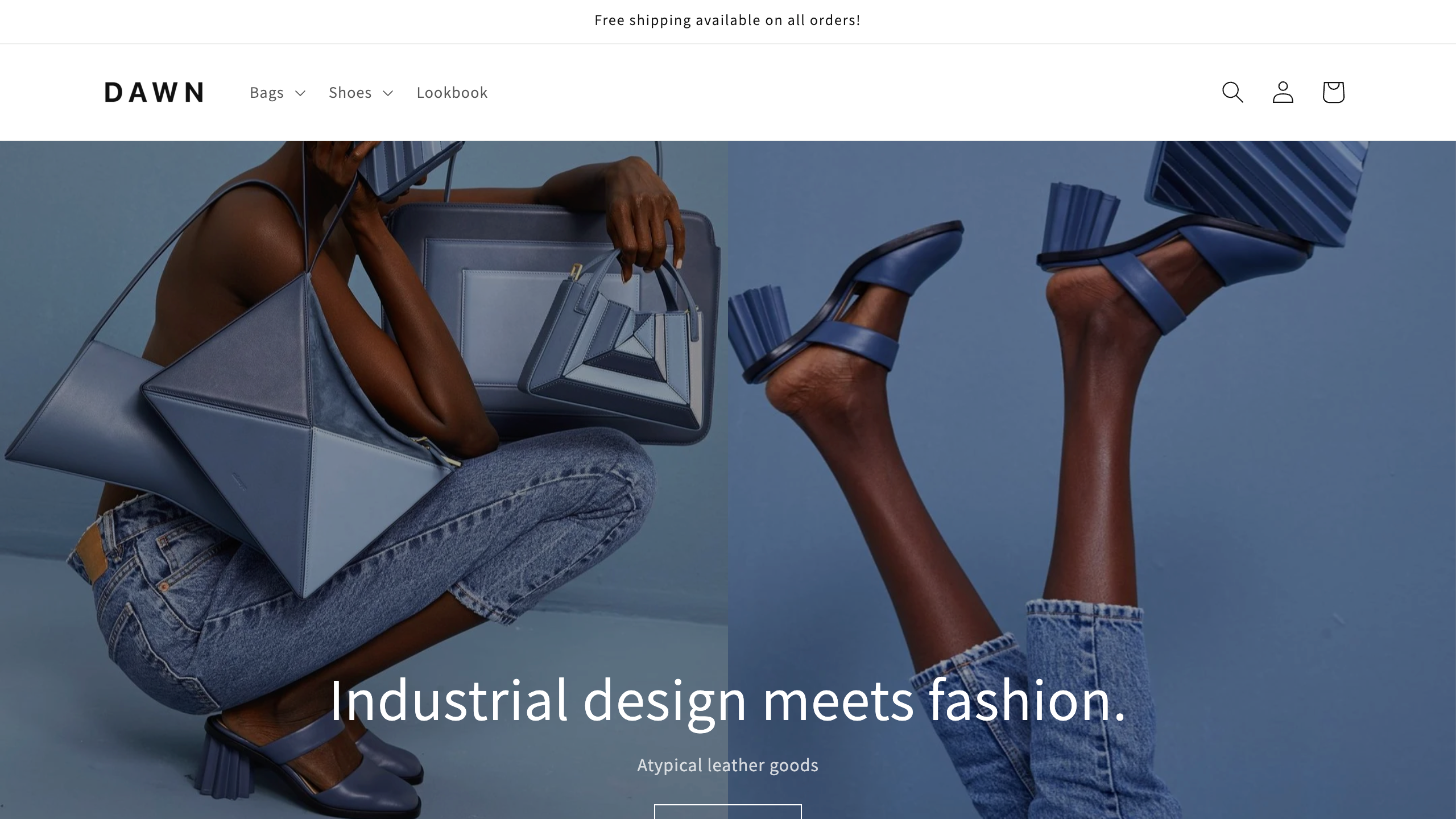 Shopify Dawn public demo showing its clean header and image-led storefront