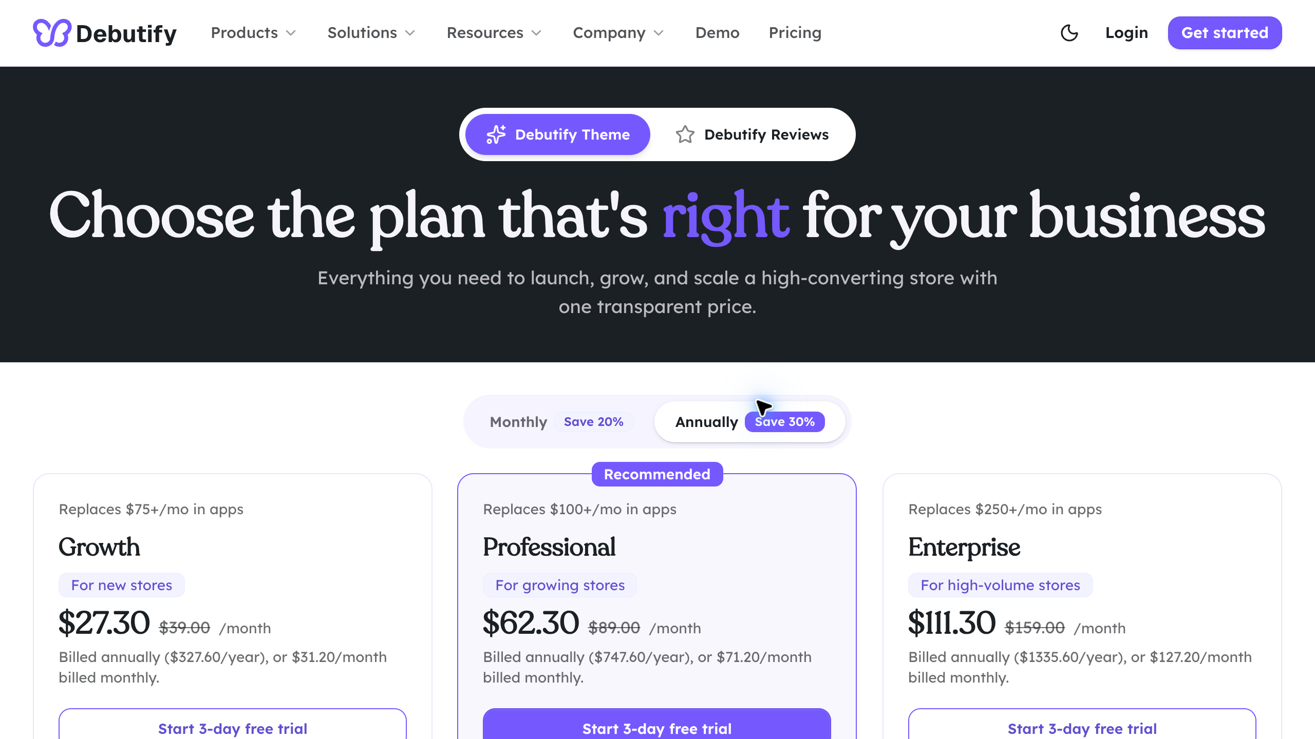 Debutify theme pricing page with annual billing selected and Growth, Professional and Enterprise plans