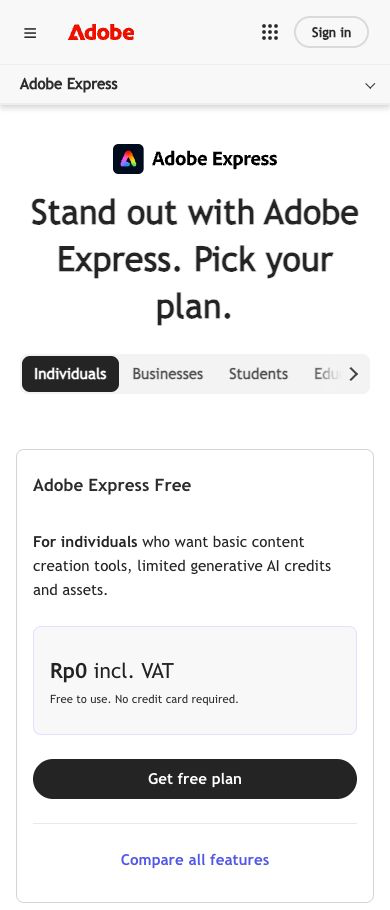 Adobe Express public Individuals pricing showing Free with limited generative AI credits and assets, and Rp0 including VAT