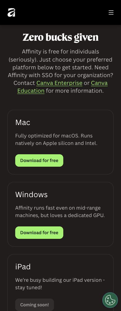 Affinity public page describing free individual access, Mac and Windows downloads and an iPad version marked coming soon