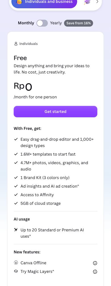 Canva Free public plan with rupiah price display, one Brand Kit limited to three colors and 5GB cloud storage