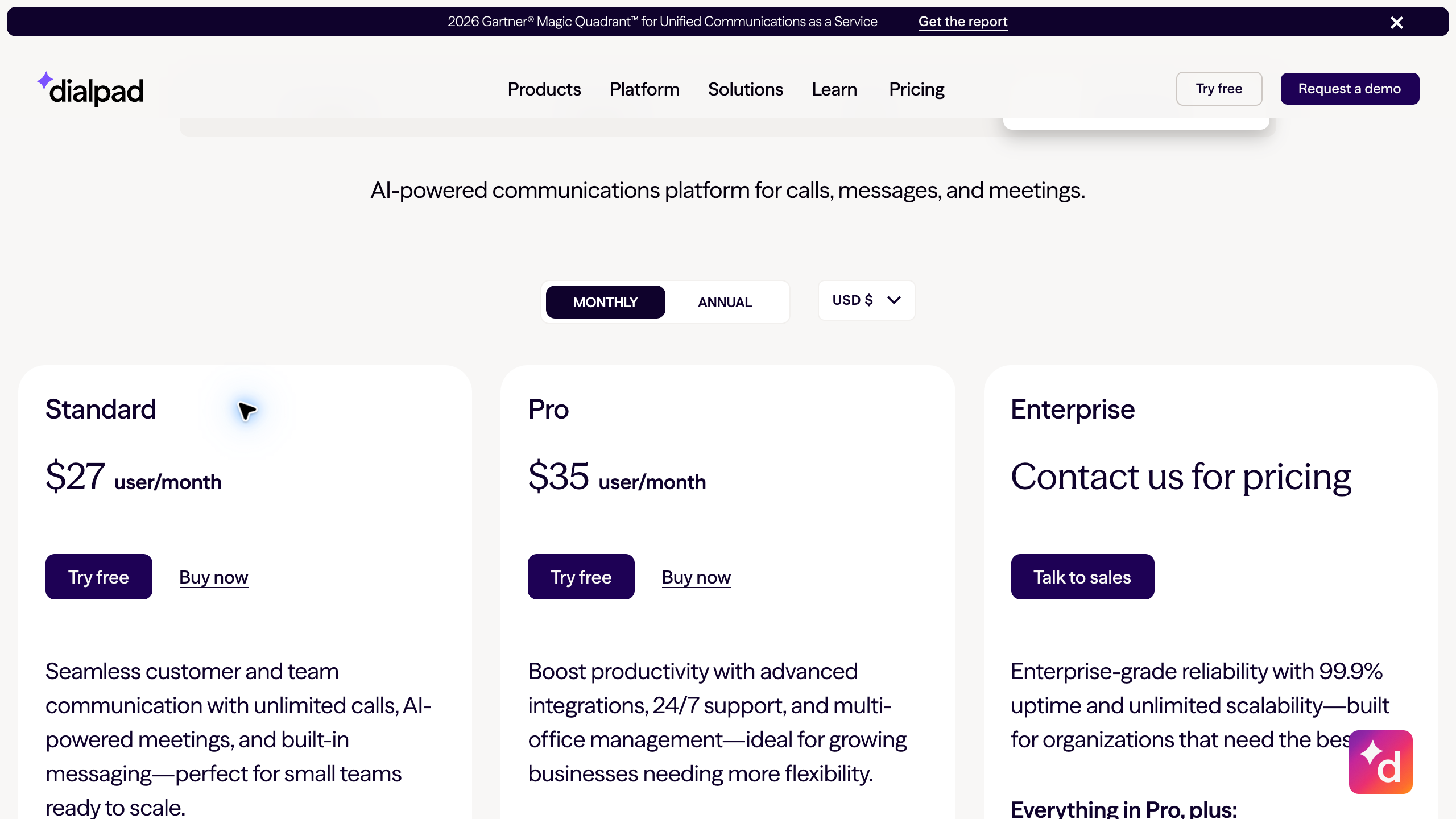 Dialpad Connect monthly USD pricing showing Standard at 27 dollars and Pro at 35 dollars per user