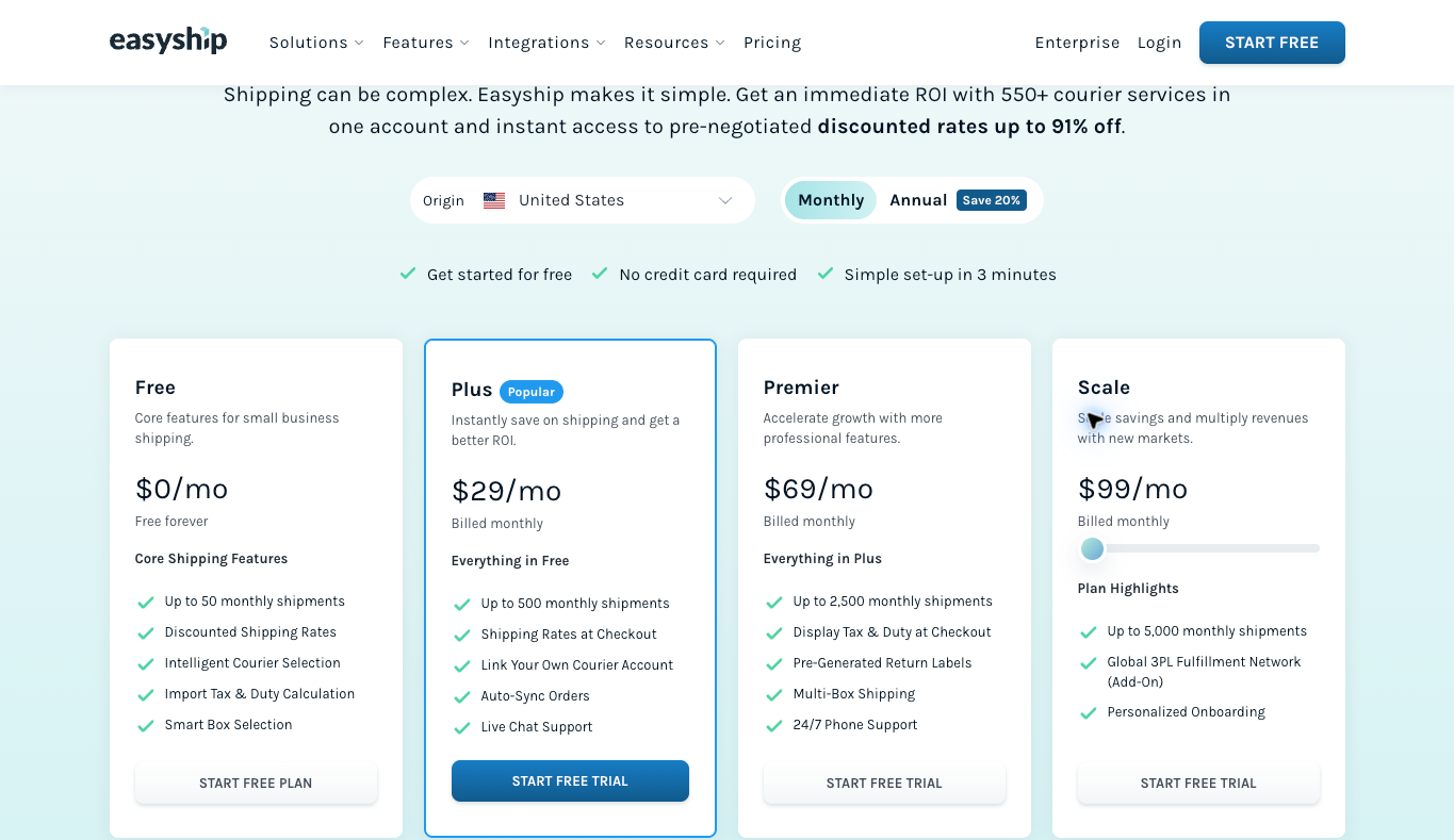 Easyship public US-origin monthly Free, Plus, Premier and Scale plans with shipment allowances