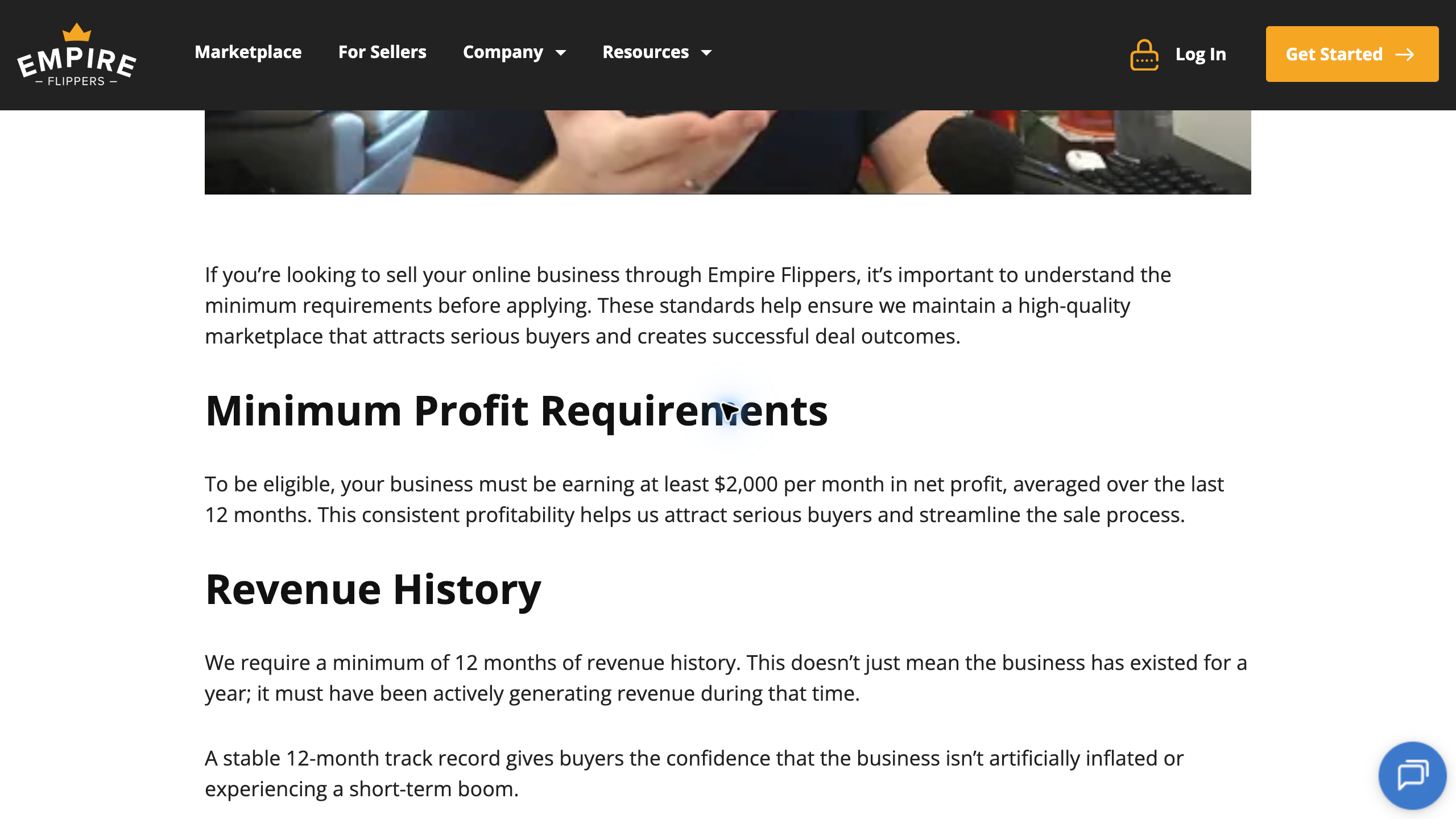 Empire Flippers official listing requirements showing minimum monthly net profit and revenue history