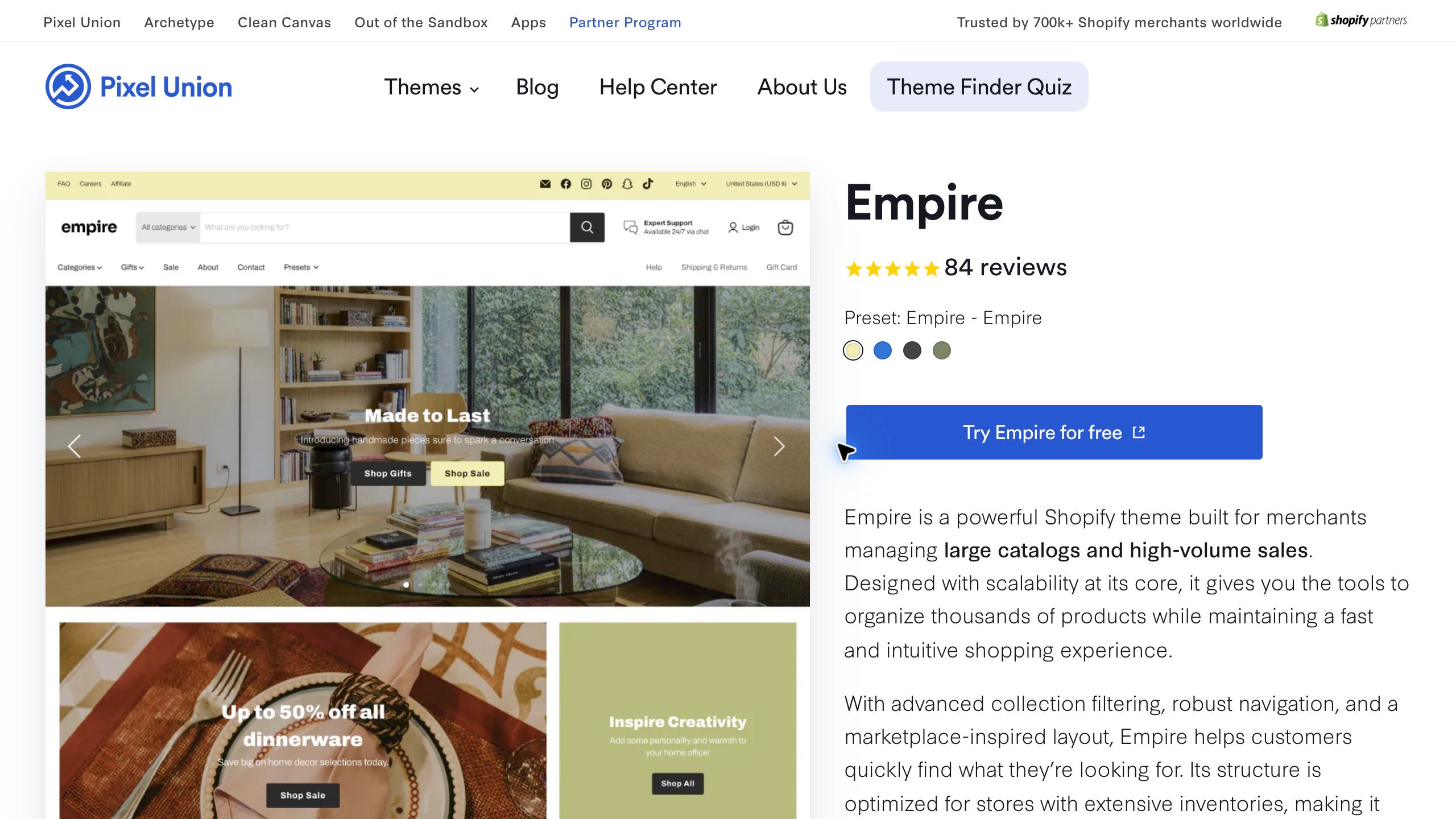 Pixel Union Empire product page showing the Empire preset preview and catalog-focused description