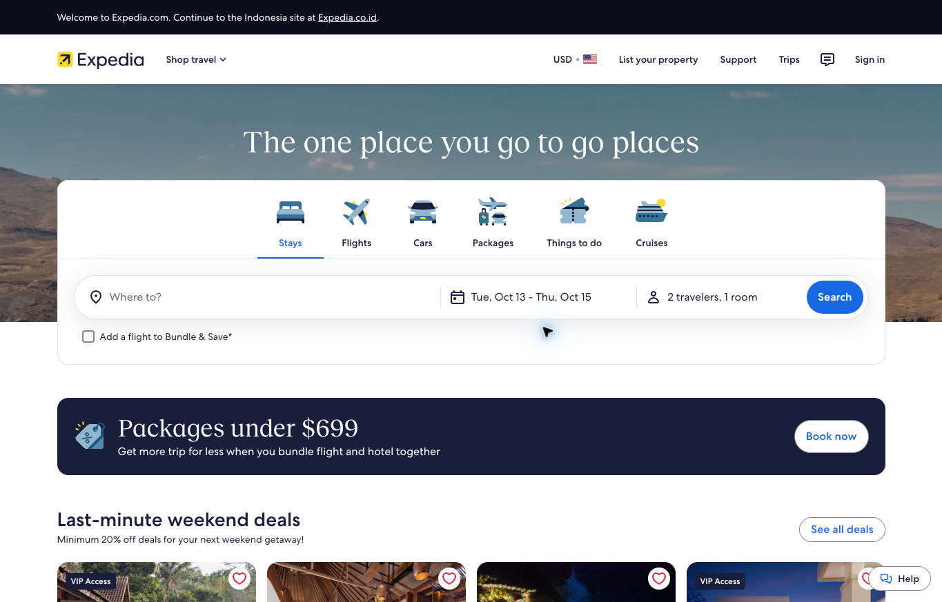 Expedia public stays search interface showing the United States and USD view.