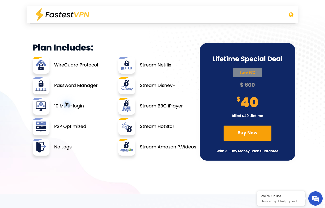 FastestVPN public lifetime offer with base price and provider-listed features.