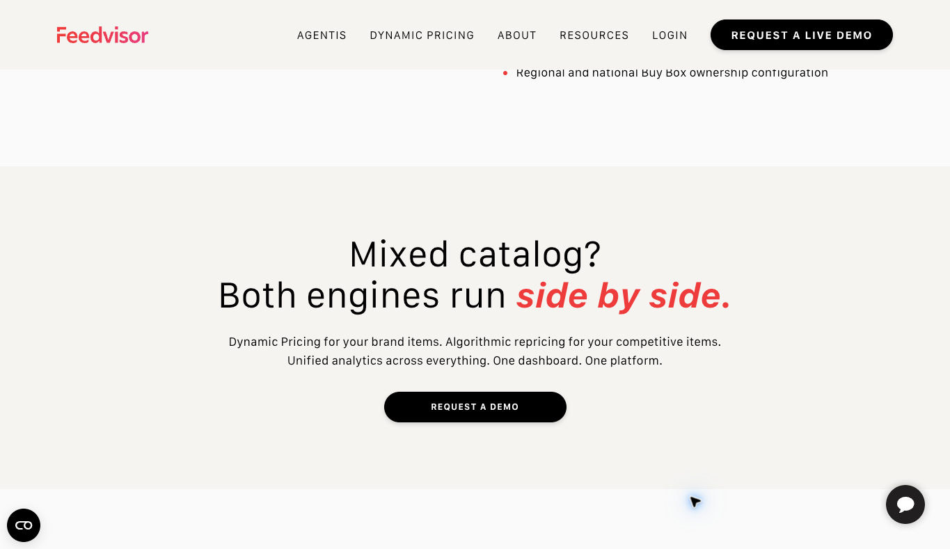 Feedvisor public page describing dynamic pricing for brand items and algorithmic repricing for competitive items