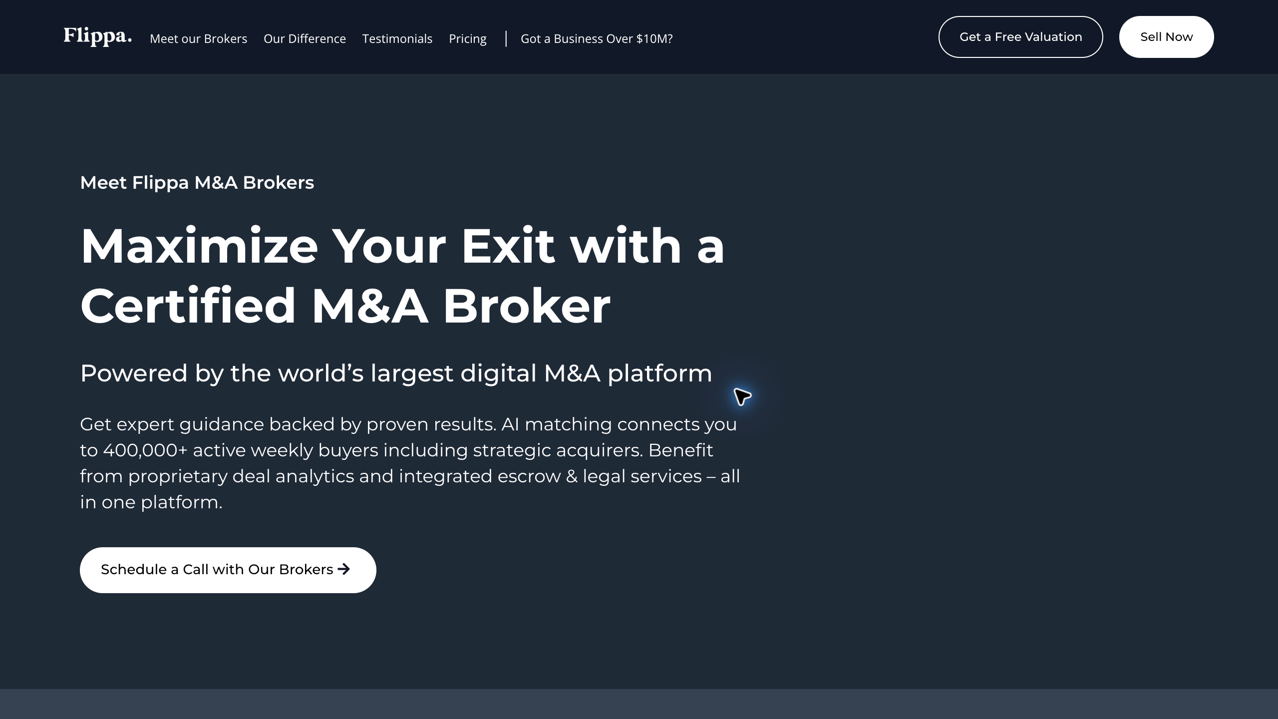 Flippa official M&A broker service page with service headline and call scheduling button