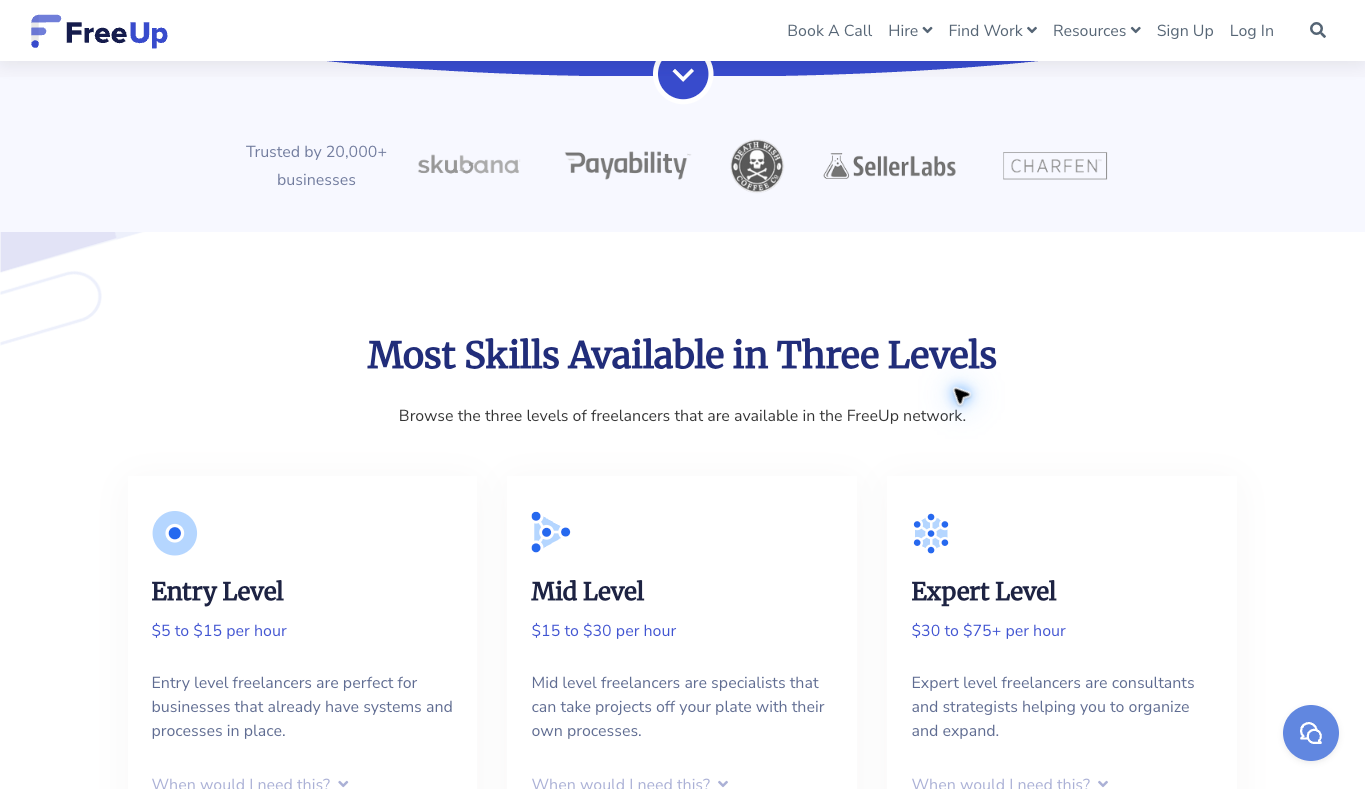 FreeUp official estimated pricing page showing entry, mid and expert freelancer rate ranges