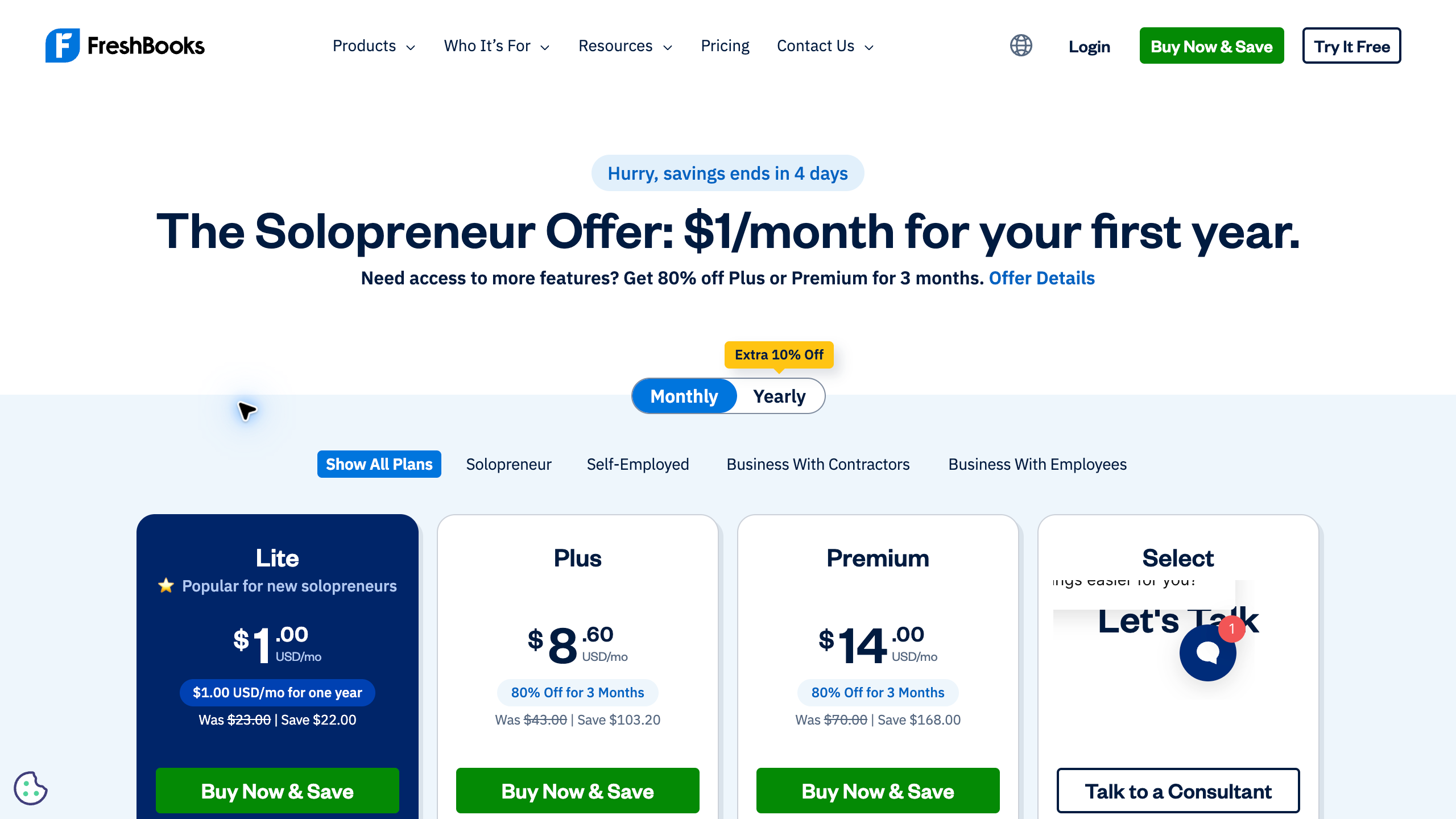 FreshBooks US monthly pricing page showing Lite, Plus and Premium with promotional and regular prices