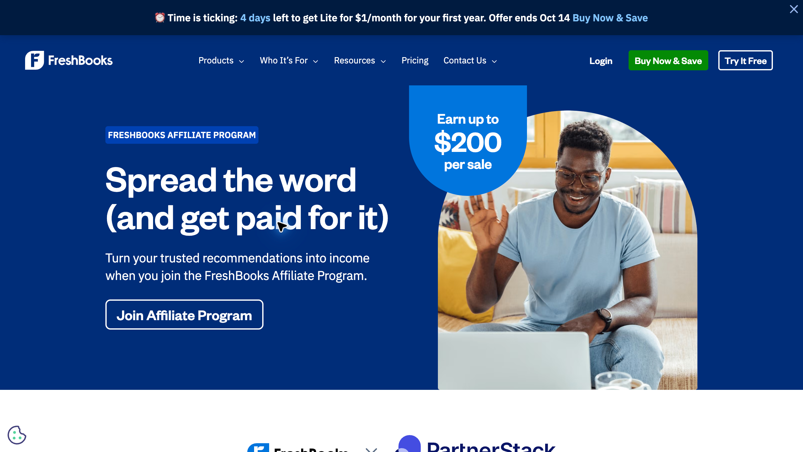 FreshBooks affiliate program page advertising up to 200 dollars per sale