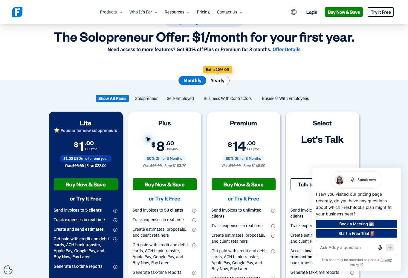 FreshBooks Lite, Plus and Premium USD introductory prices with client limits