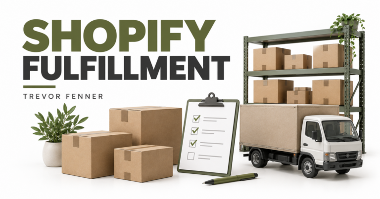 White and olive conceptual Shopify fulfillment graphic with plain parcels, warehouse shelf, checklist and generic delivery truck