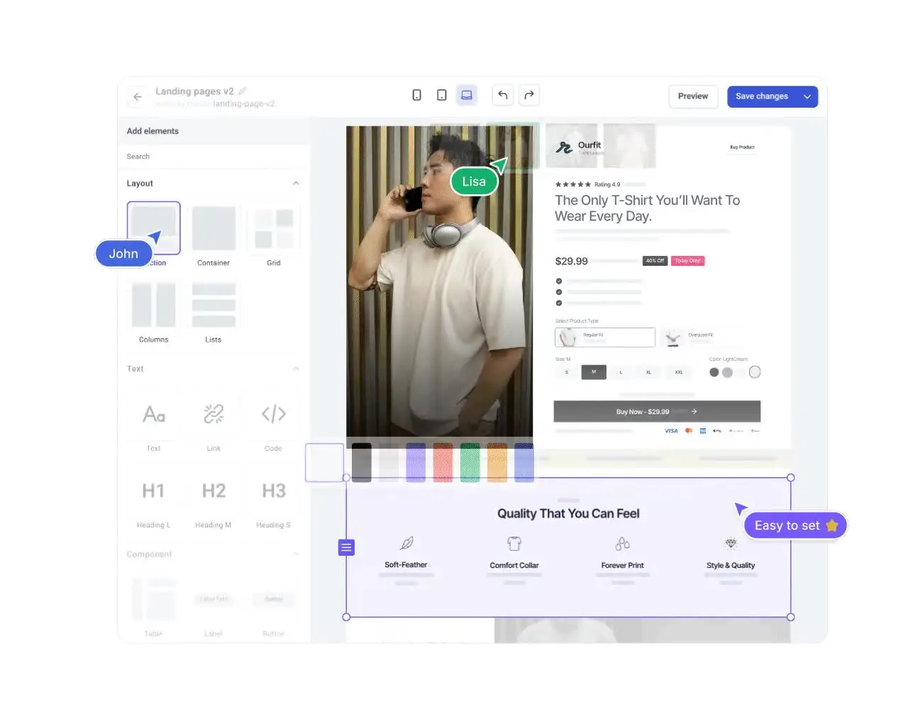 Funnelish builder demo preview with layout controls and a sample product page
