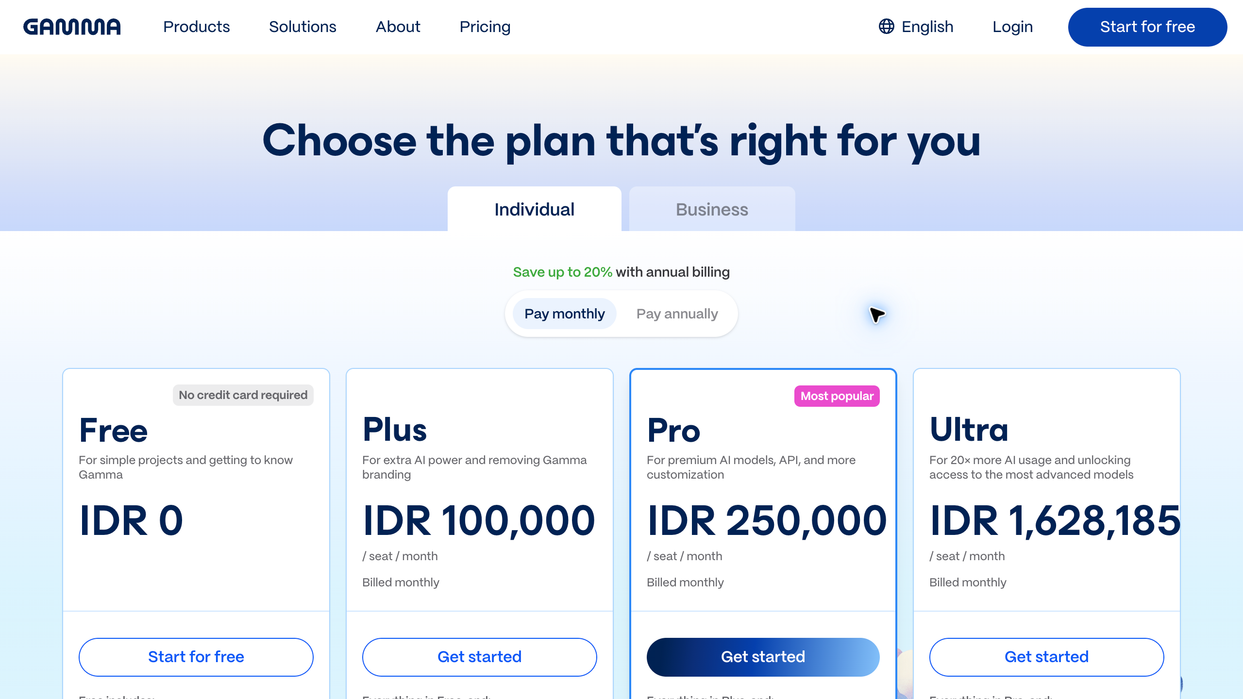 Gamma individual monthly pricing with Free, Plus, Pro and Ultra plans displayed in Indonesian rupiah