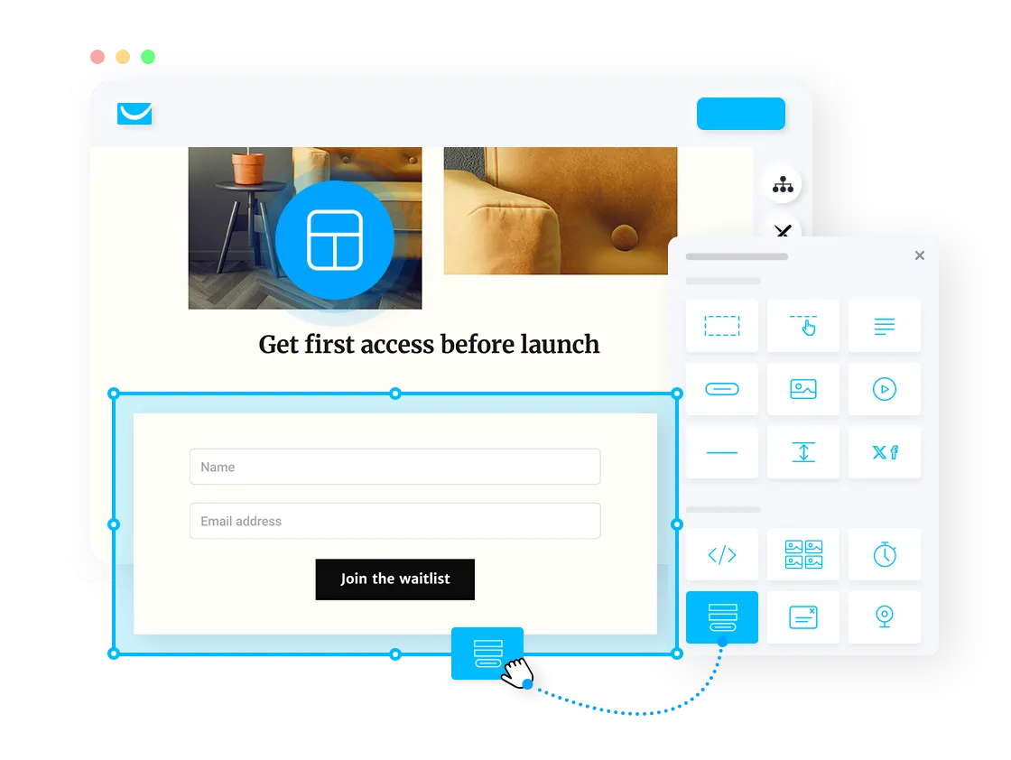 GetResponse landing-page builder preview with a signup form and editing controls