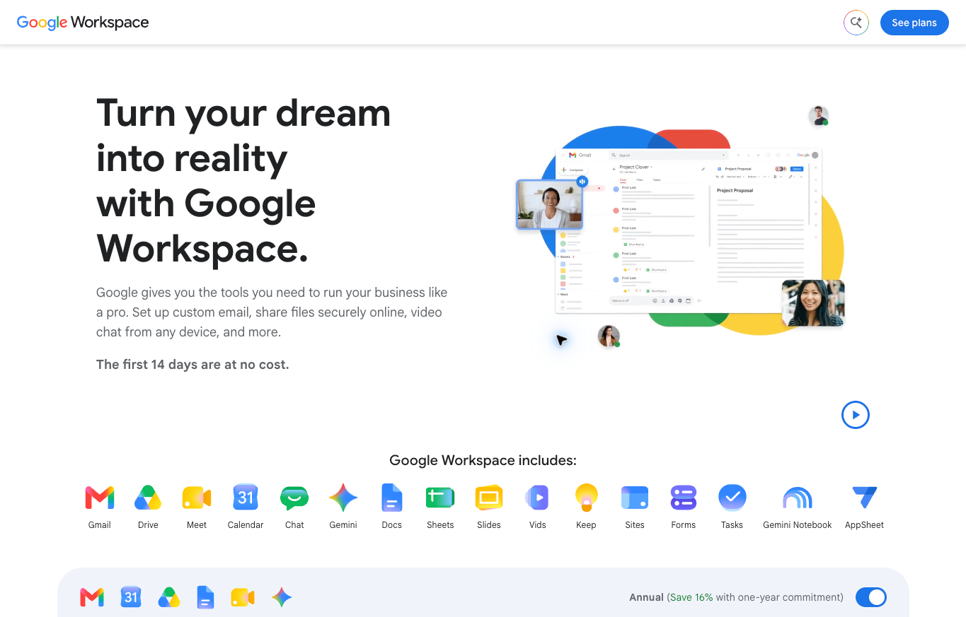 Google Workspace public page showing custom business email and collaboration products