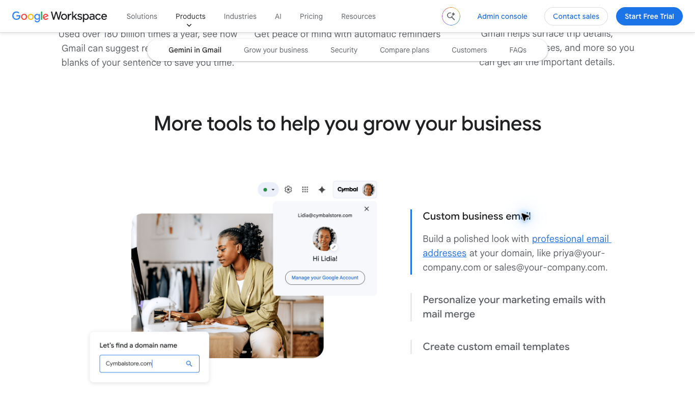 Google Workspace public Gmail page explaining professional email addresses at a business domain
