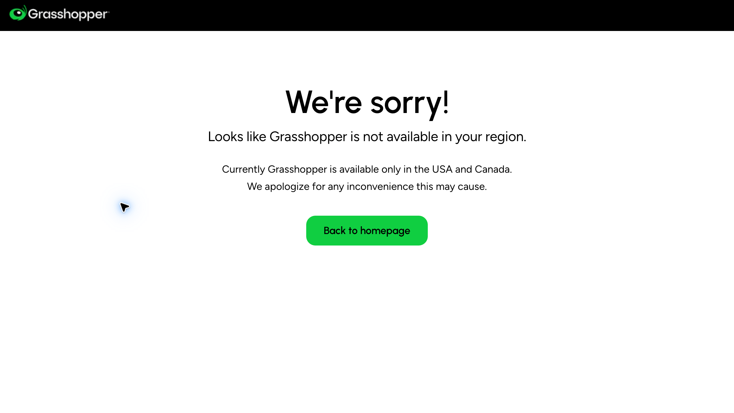 Grasshopper regional notice stating service is available only in the USA and Canada
