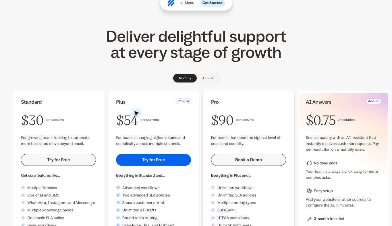 Help Scout monthly Standard $30, Plus $54 and Pro $90 per user, with AI Answers at $0.75 per resolution