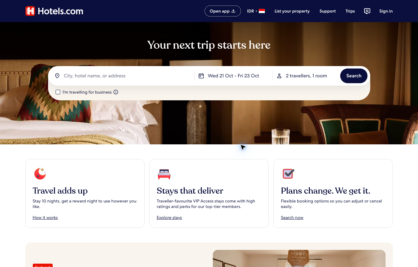 Hotels.com public hotel search interface displaying the Indonesia and IDR regional view.