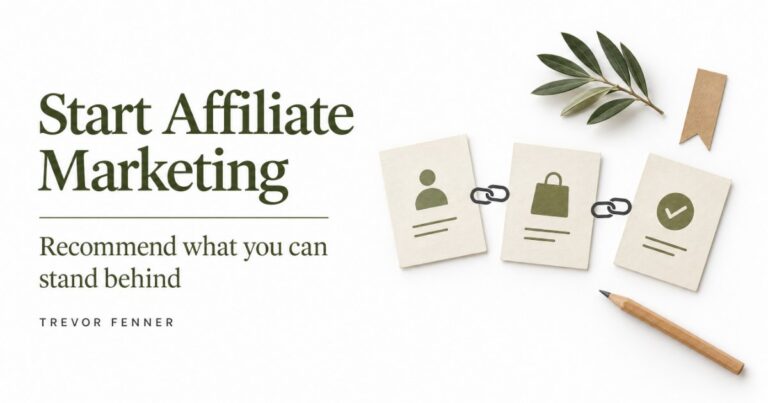 Affiliate marketing guide cover with three linked paper cards for a reader, product and approval on a white desk