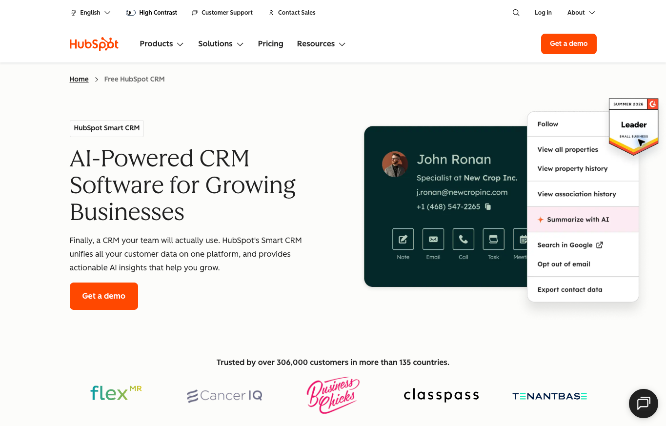 HubSpot public CRM product page showing the provider’s demonstration contact-record interface