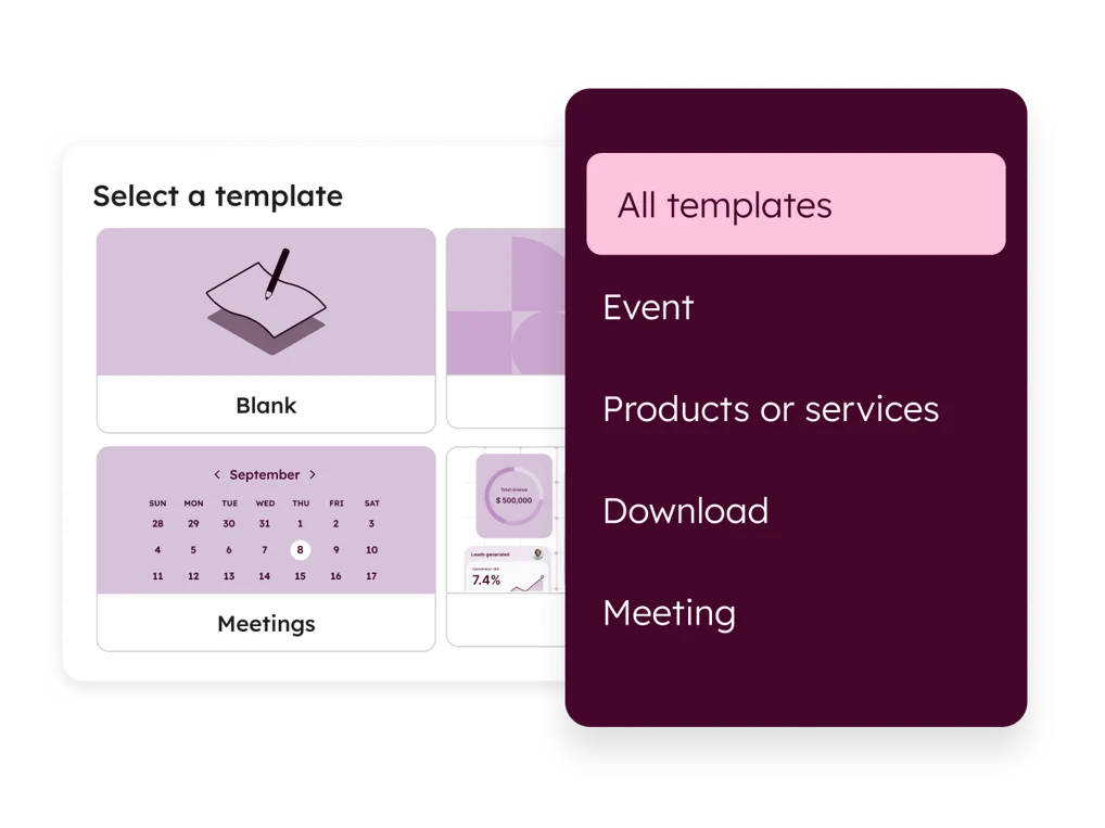 HubSpot landing-page template selector with template categories