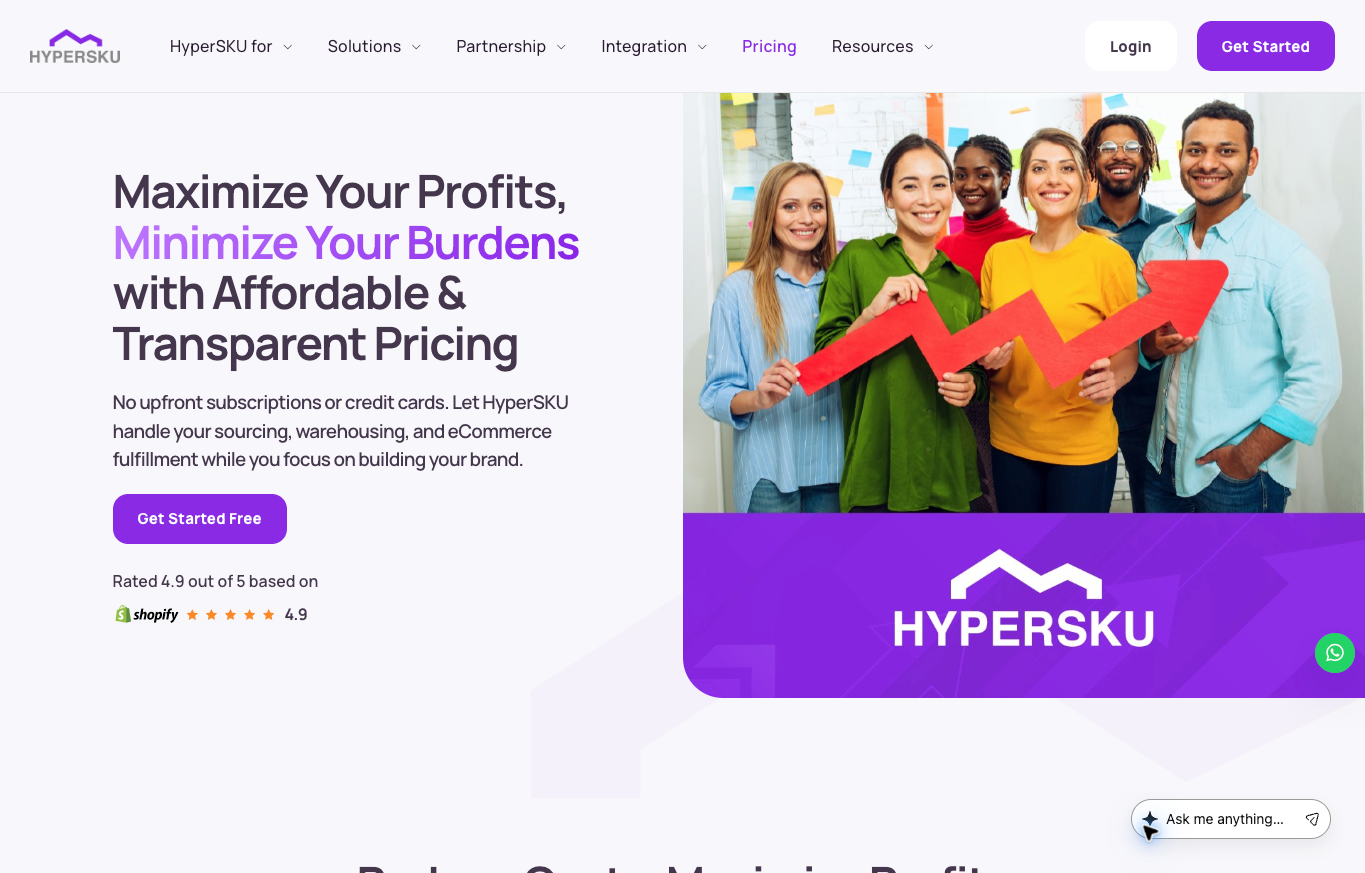 HyperSKU public pricing page introducing sourcing, warehousing and ecommerce fulfillment