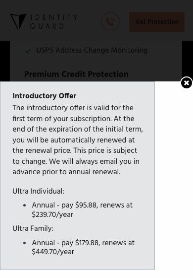Identity Guard Ultra offer terms showing initial annual charges and automatic renewal prices