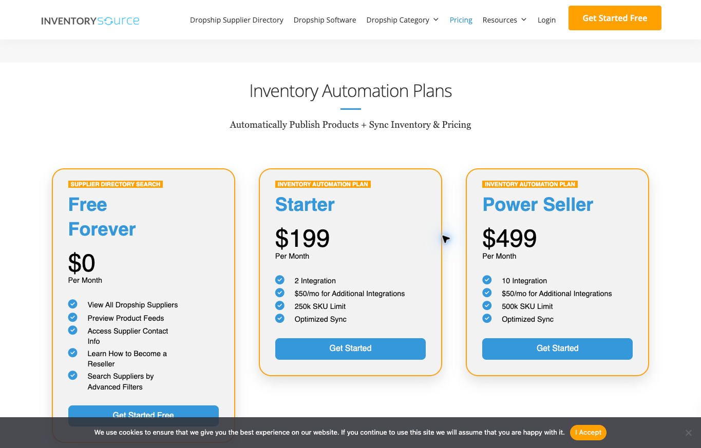Inventory Source public pricing showing free directory, $199 Starter and $499 Power Seller inventory automation