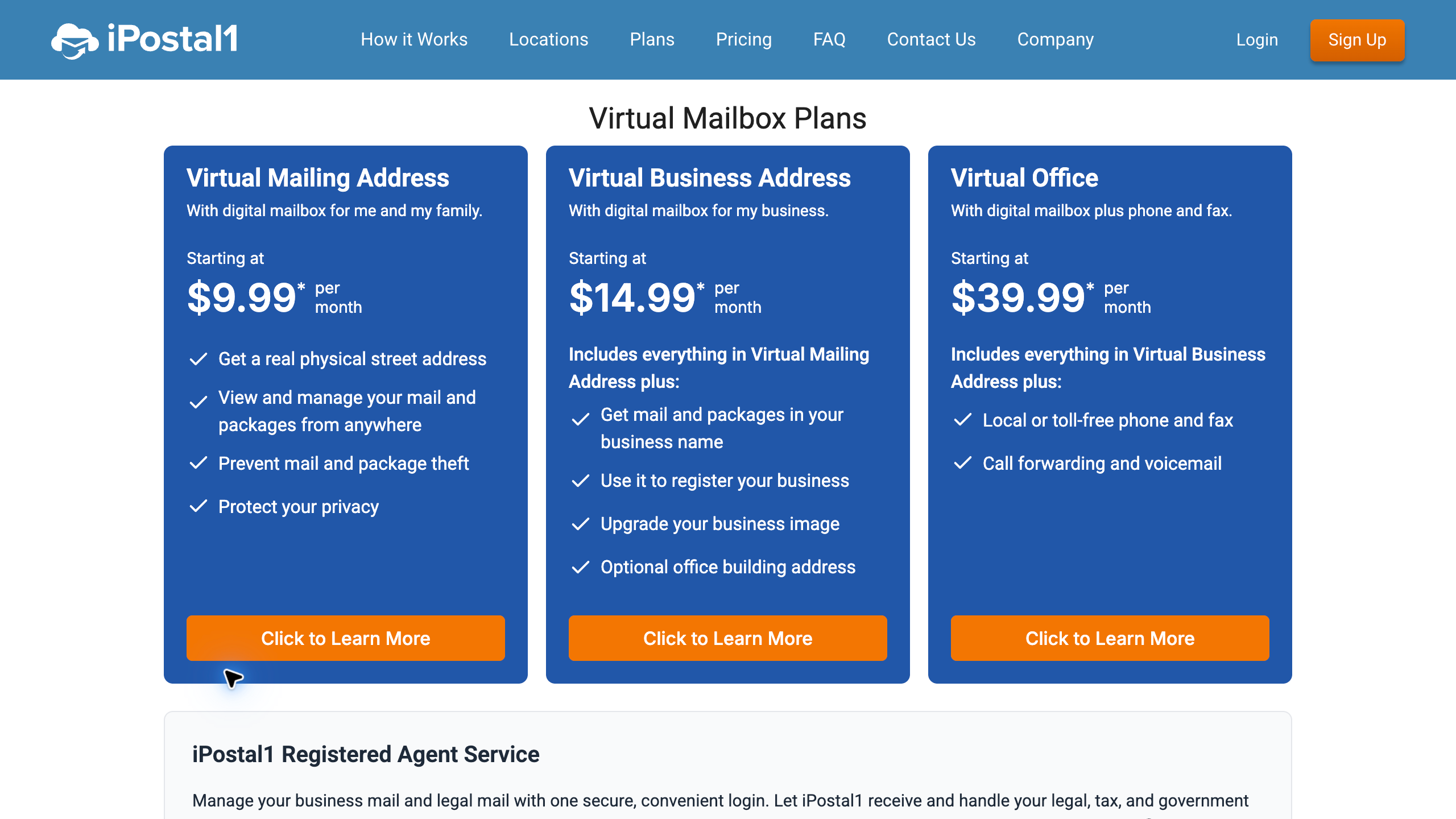 iPostal1 official page comparing personal mailing address, business address, and virtual office plans