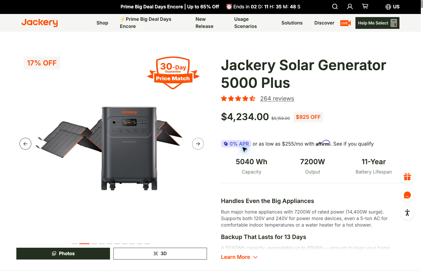 Jackery Solar Generator 5000 Plus official selected bundle with two SolarSaga 500 X panels